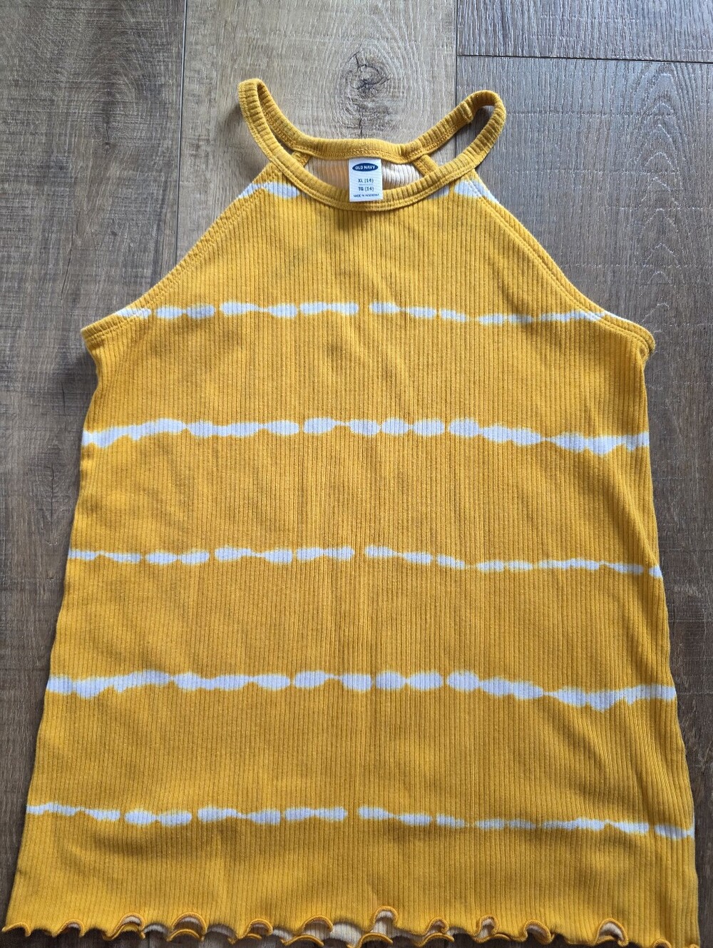 Old Navy Yellow Ribbed Halter Tank with White Tie-Dye Stripes- Girls Size 14